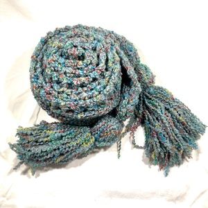 SCARF - COLDWATER CREEK KNIT SCARF BLUISH-GRAY with RED, AQUA, YELLOW, & GREEN